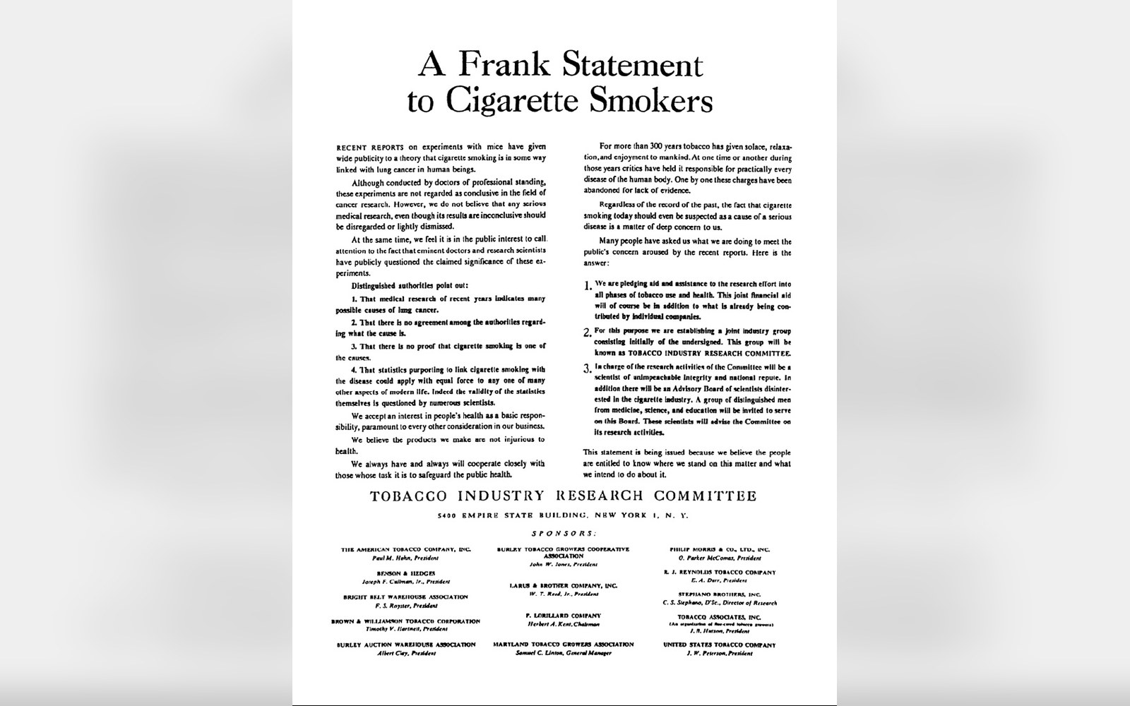 Full-page newspaper advertisement titled "A Frank Statement to Cigarette Smokers" with dense printed text and sponsor list