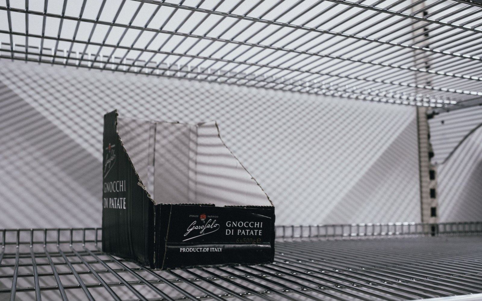 Empty Garofalo gnocchi di patate box sitting on a wire shelf